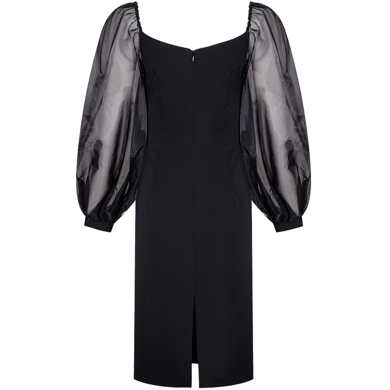 Новинка женское винтажное черное платье YIGELILA прямое с рукавами фонариками