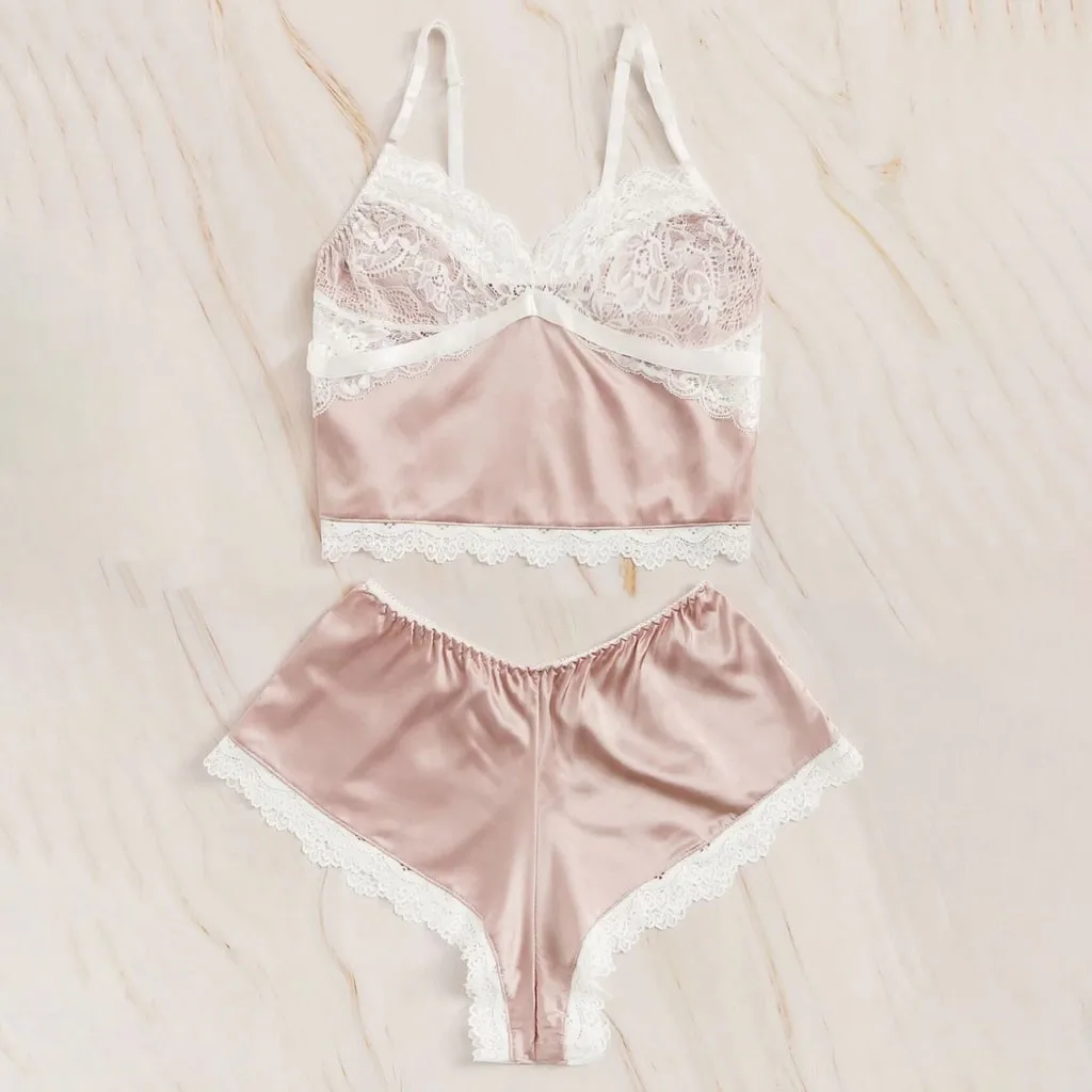 

NINES pijamas women Sets pijama Summer sleepwear shorts Pajamas Lace Silk pink Sexy V-Neck Lingerie Underwear nightgown