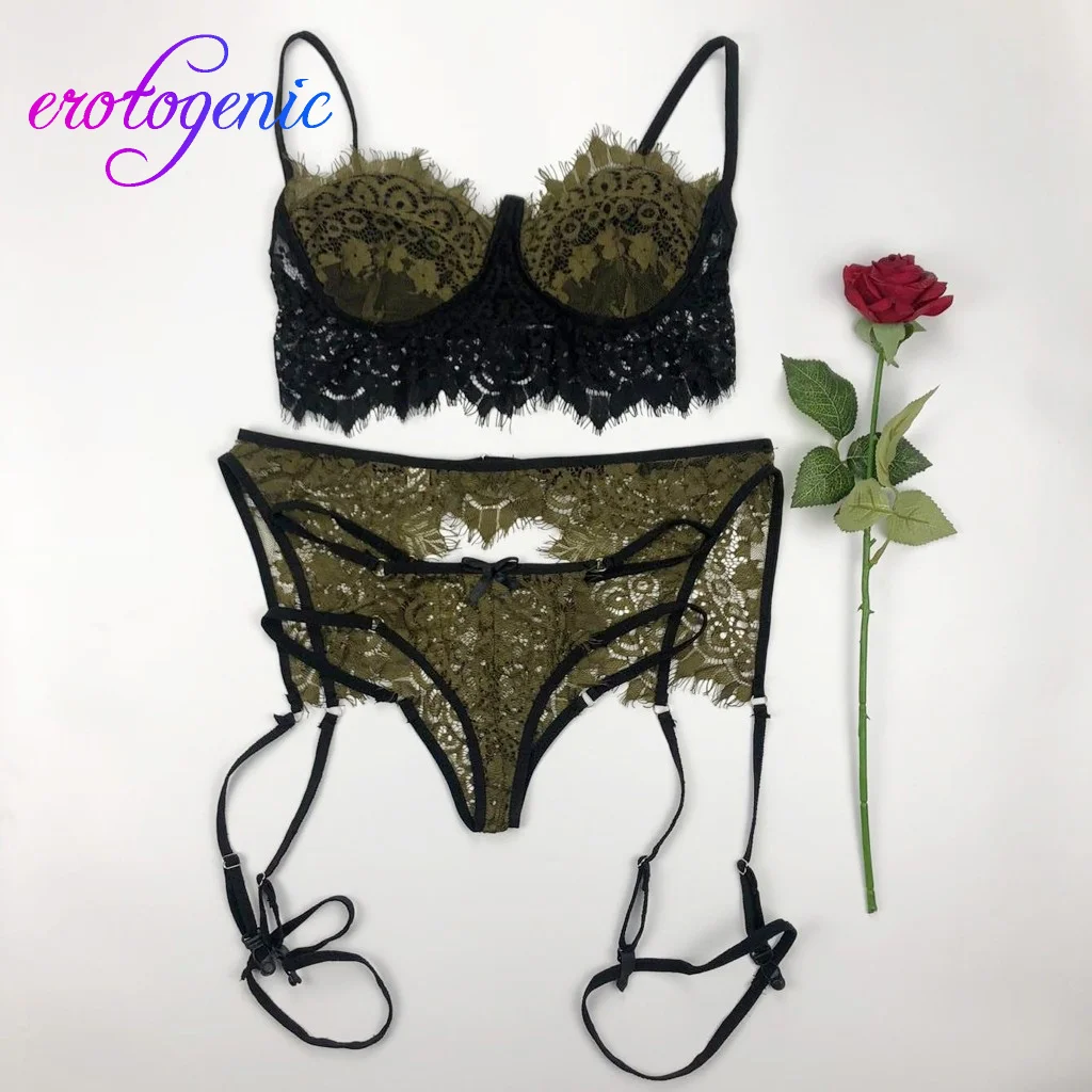 Micro Bikini Sex Shop Lenceria 3PC Women Lace Sexy Lingerie Straps Bra and Panty Garter Set Underwear Babydoll Mujer | Тематическая