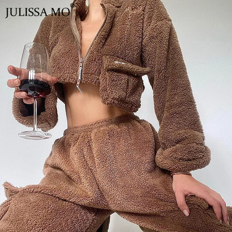 

Julissa Mo Winter Faux Fur Cropped Tops And Pants 2 Piece Sets Women Casual Tracksuit Long Sleeve Warm Outfits Workout Overalls