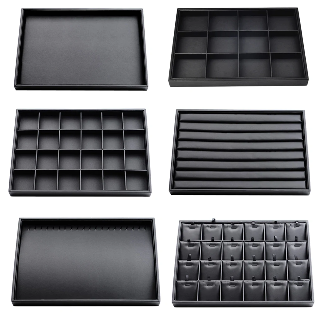 

Black Faux Leather Jewelry Box Display Tray Showcase Storage Organizer Case