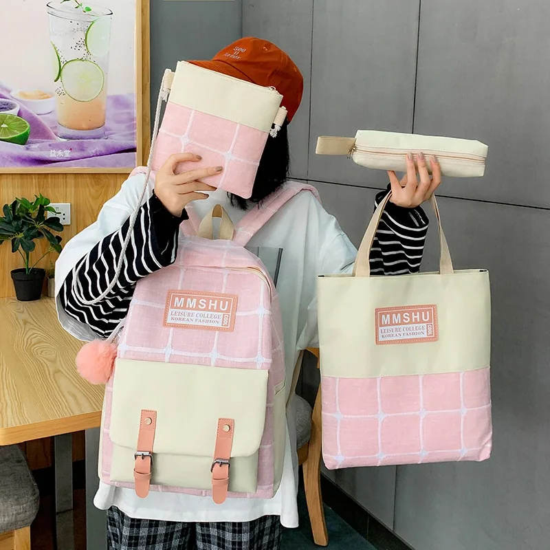 

2020 New 4Pcs/set Canvas School Bag For Teenagers Girls Student High Quality Women Travel School Backpacks Female Book Bag F-660