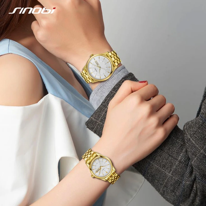 SINOBI 2021 Fashion Luxury Couple Watches Lovers Goldren Black Women Watches Waterproof Men's Watches Lover relogios masculinos