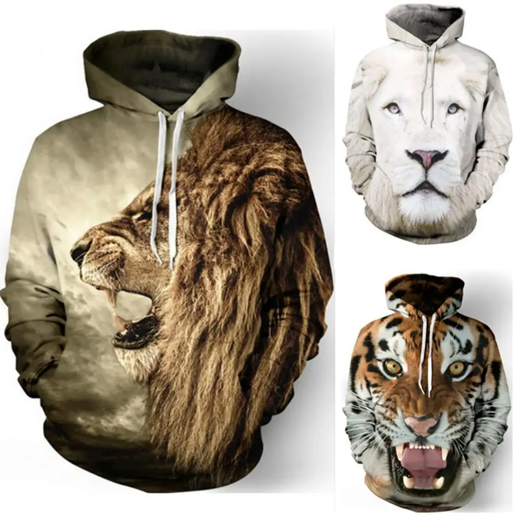 Mens Hoodies Funny 3D Tiger Lion Print Animals Sweatshirt Casual Loose Pocket Long Sleeve Winter Men Hoodies Unisex Pullovers