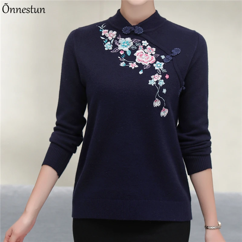 

Cheongsam Collar Sweater Women New Autumn Spring Pullover Long Sleeve Top Femme Women Clothing Embroidery Sweaters For Women