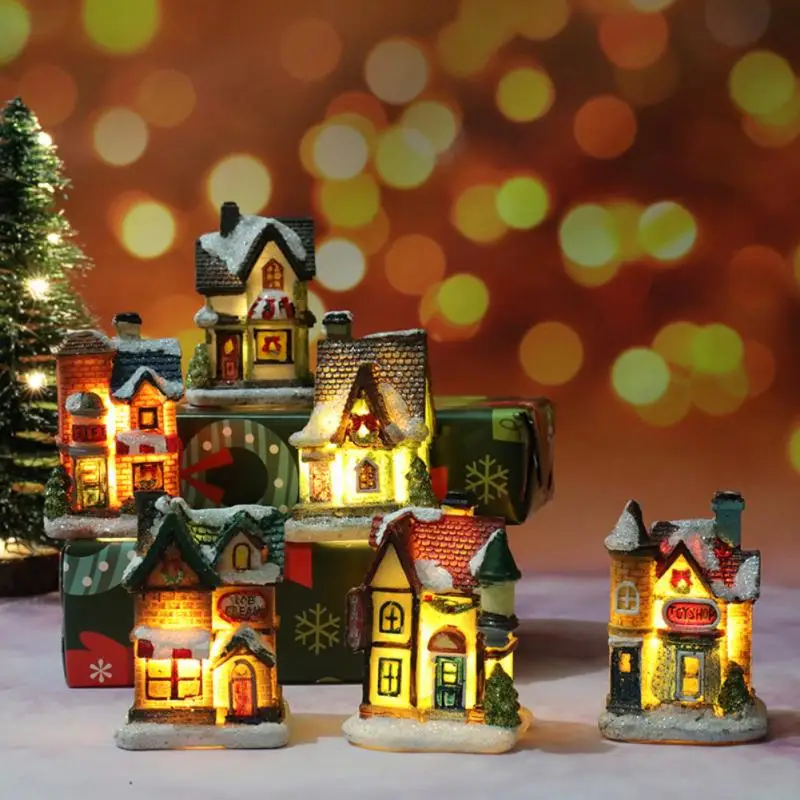 

Merry Christmas Decorations Christmas House Led Light Resin Desktop Ornaments Xmas Decorative Lights Home New Year Decor Tool