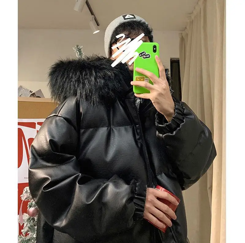 

Winter trend men's cotton padded clothes loose and thickened,windproof couple's bread coat with big hair collar and PU leather