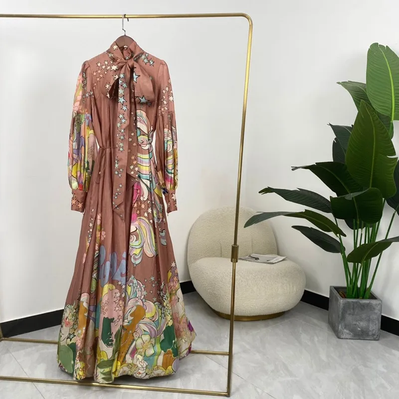 

Женское длинное платье с бантом и рукавами-фонариками, осень 2021