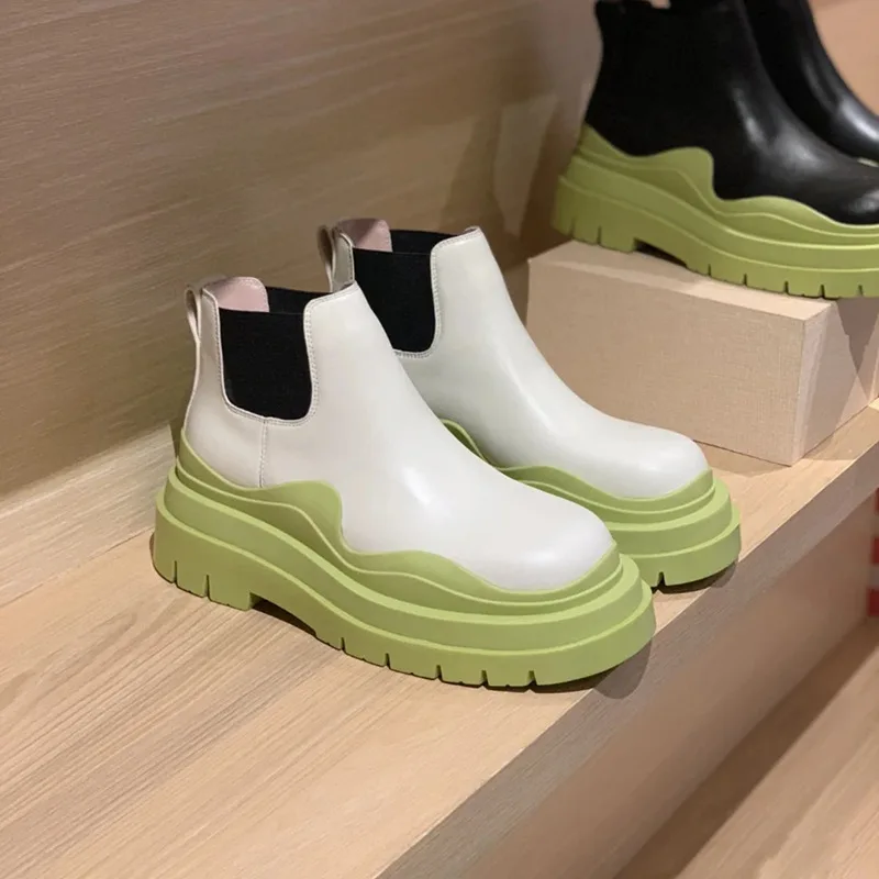 

2021 New Thick Bottom Boots Women's Avocado Green Bottom Smoke Pipe Boots Big Toe Short Boots for Women