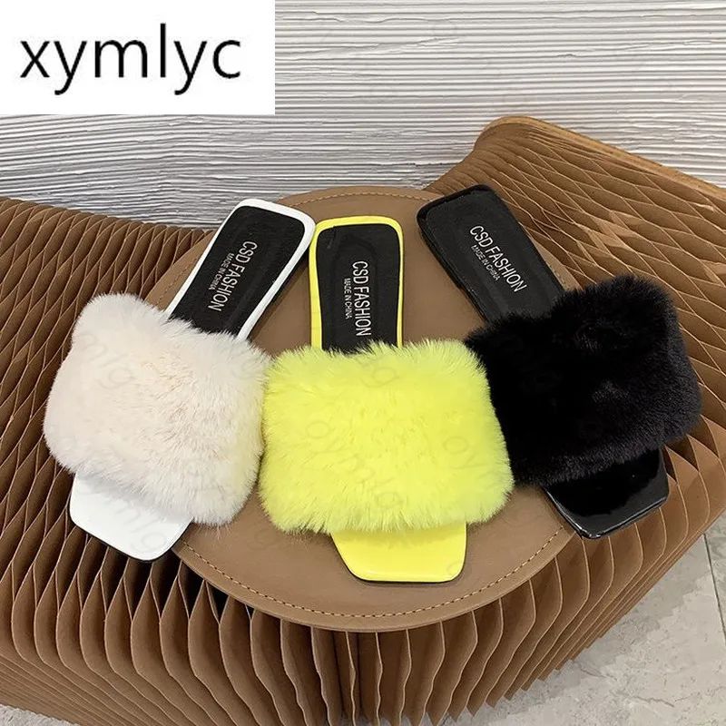 

Spring Summer Fluffy Fur Slippers Shoes Woman Plush Fur Slip On Flip Flop Flat Furry Fur Slides Outdoor Sandals Woman Flats 2021