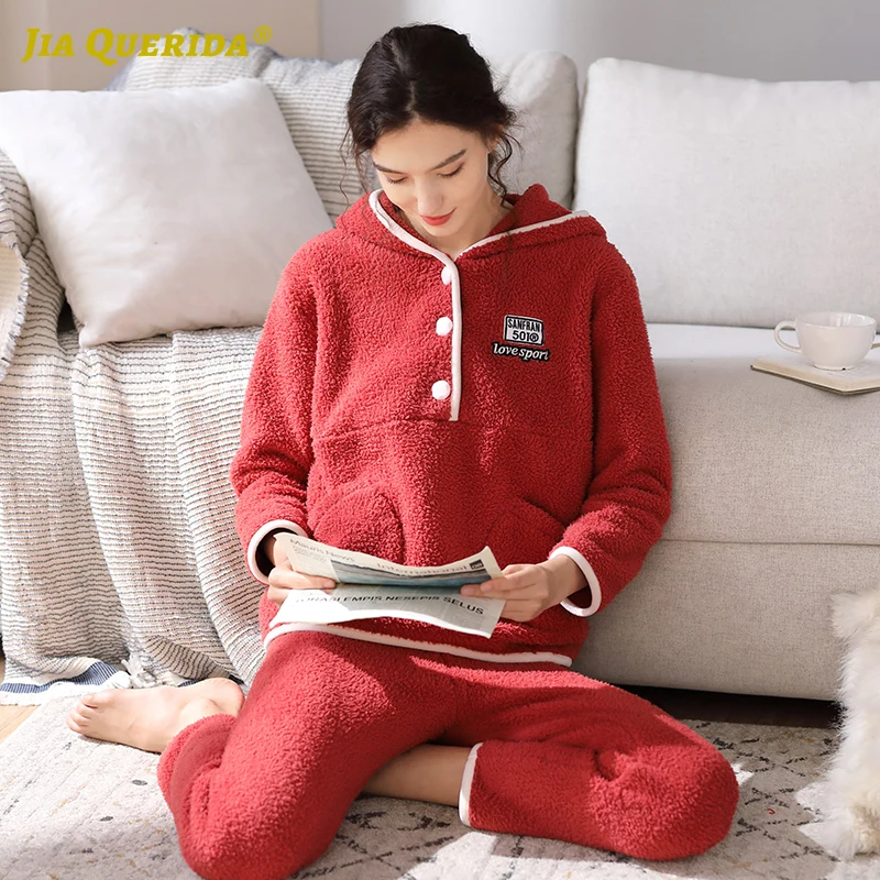 

Warm Winter Pajamas Set Loungewear Woman Lamb Wool Fashion Style Casual Style Ladies Pijamas Set Woman Ladies Solid Pj Set