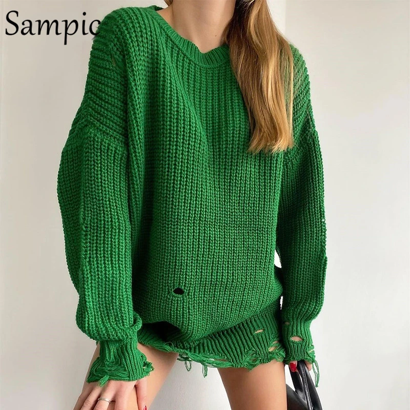 Женский вязаный зеленый пуловер Sampic 2021 Y2K с круглым вырезом и длинным рукавом