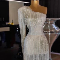 silver muslim beading tassel luxury evening dresses gowns 2021 sparkle one shoulder crystal elegant prom dress robes longue