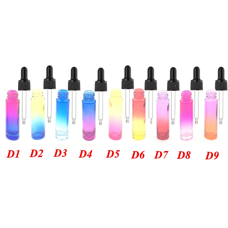 

10ml Gradient Colorful Glass Bottle Perfume Sample Pipette Bottle Thick Glass Dropper Tubes Essential Oil Vial 100pcs