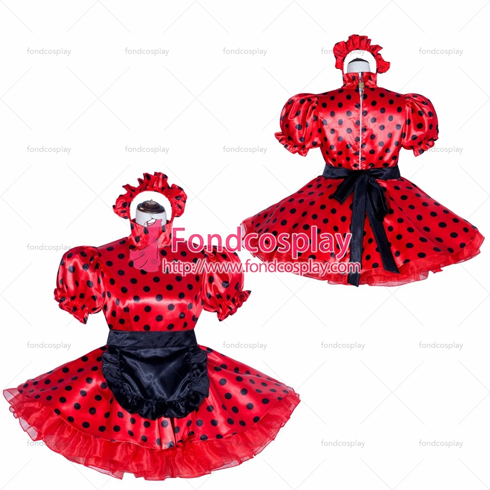 

fondcosplay adult sexy cross dressing sissy maid short French Lockable Red dots satin Dress cosplay Costume Tailor-made[G4021]