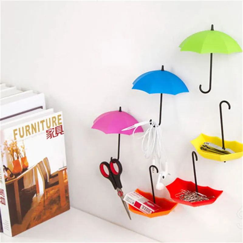 

3Pcs/lot Umbrella Shape Cute Creative Self Bag Keys Bathroom Kitchen Sticky Holder Adhesive Wall Door Hook Hanger
