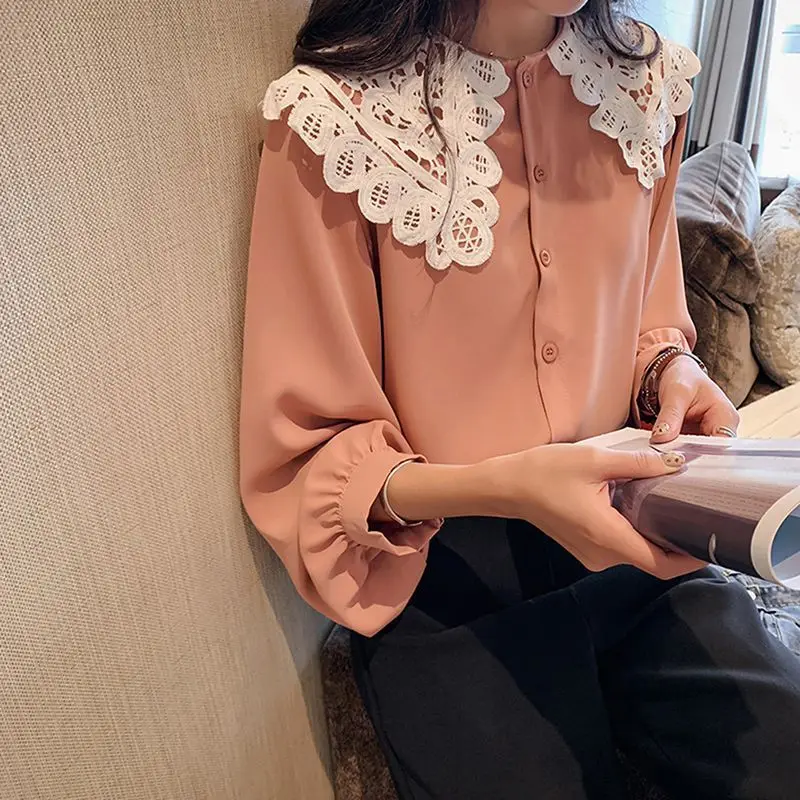 

Women Long Sleeve Lace Collar White Shirt 2019 Summer Sweet Chiffon Blouse Rk