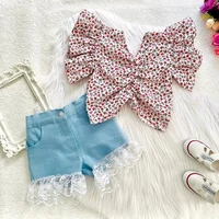 nituyy official summer fashion baby girls clothes sets 1 6y flowers printed v neck puff sleeve t shirts lace denim shorts 2pcs