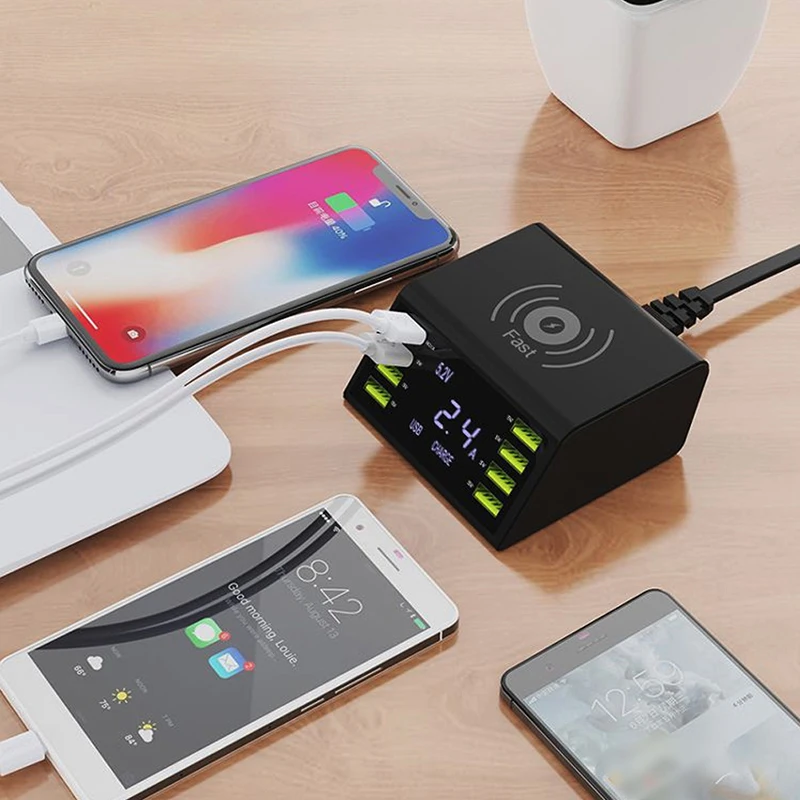 60 Вт USB Quick Зарядное устройство 8-Порты и разъёмы светодиодный Дисплей Быстрая зарядка 3,0 быстрая Зарядное устройство рабочего стола 10 Вт Беспроводная зарядная станция зарядка через usb паяльная станция