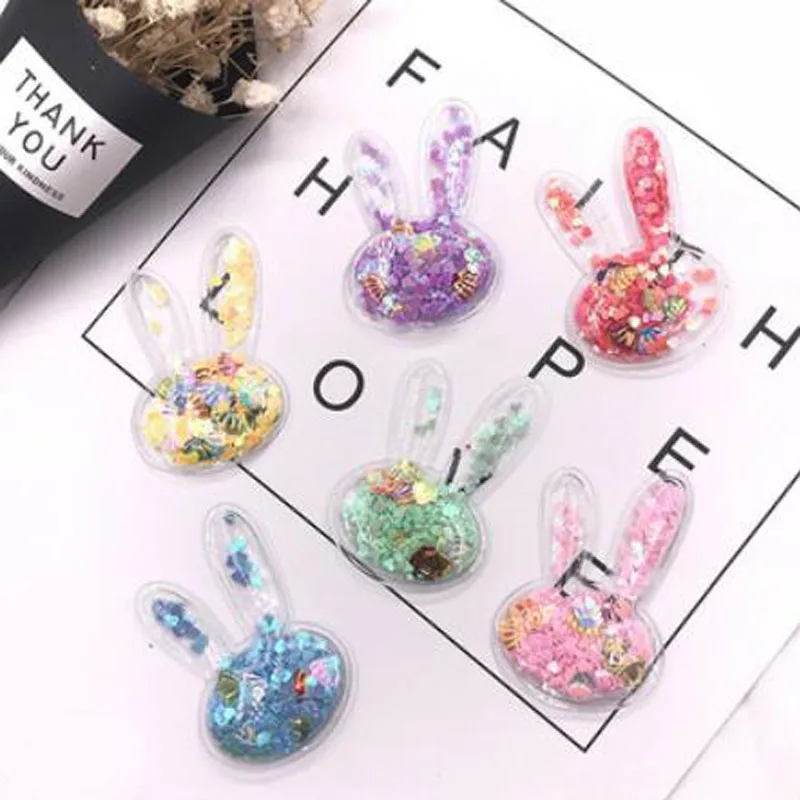 

10Pcs/lot Transparent PVC Patches Flowing Bling-bling Sequins Rabbit head Padded Appliques Kids Headwear Garments Accessories