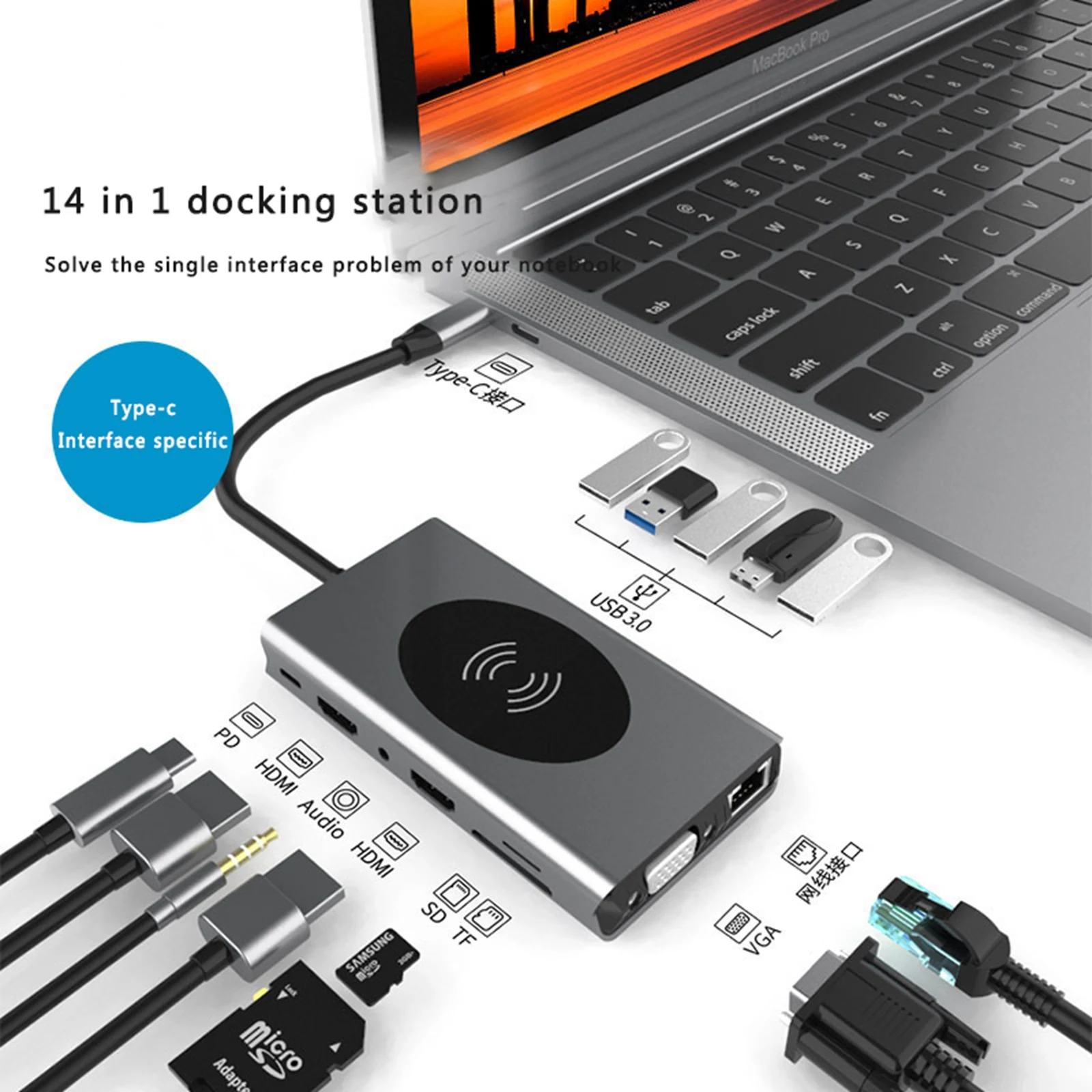 

Новая модная док-станция USB C Hub, док-станция для ноутбука, беспроводное зарядное устройство 14 в 1, адаптер типа C с тройным дисплеем