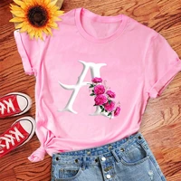 summer plus size tops fashion flower alphabet tshirt graphic tee bouquet of roses decorative letters top womens clothing 2021