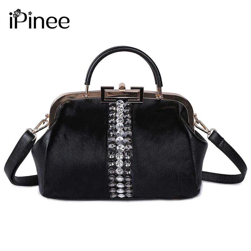 

iPinee Winter Warm Horse Hair Woman Messenger Fur Bag Leather Tote Tassel Rhinestone Metal Frame Crossbody Shoulder Handbag 2019
