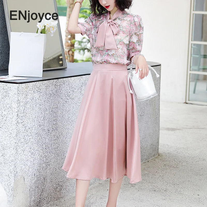 

Summer Elegant Floral Printed Tshirt with Bow Tie and Pink Skirt Women 2 Pieces Set Chiffon Ladies Maxi Dress Korean Style Suit