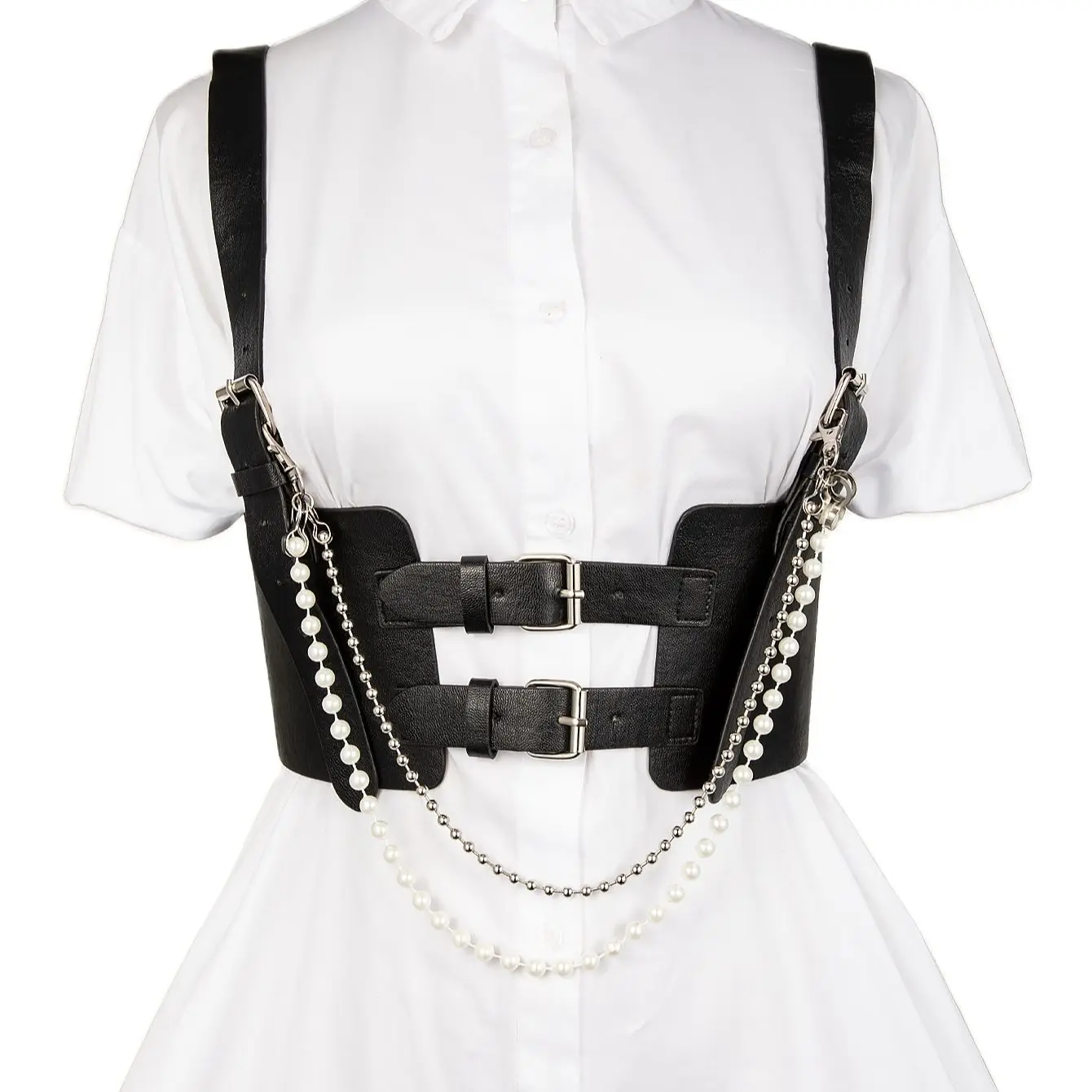 

High-Quality Beautiful Cute Pearl Chain Charm Cover Belt Sexy Women's Corset, Body-Slimming Tights, Black Leather