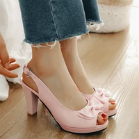 women high heels platform summer shoes 2020 peep toe slingback pumps buckle strap bow wedding dress ladies shoes size 33 42 43