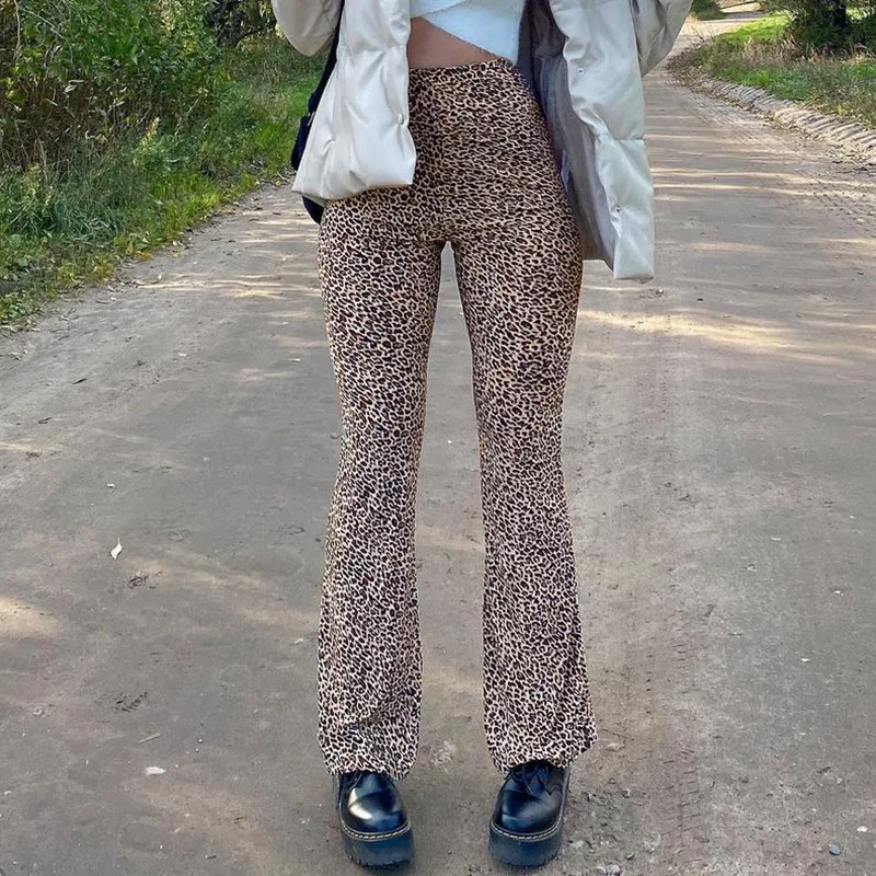 

2021 New Fashion Women's Leopard Printed Long Pants High Waisted Traceless Flared Long Pants Female Casual Trousers