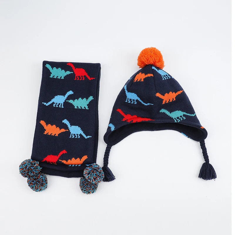 Детская шапка шарф зимняя ушанка для мальчиков шапочка с динозавром акриловый