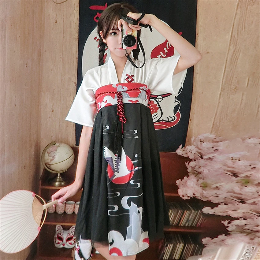Женское кимоно с принтом журавлей летнее праздничное платье в японском