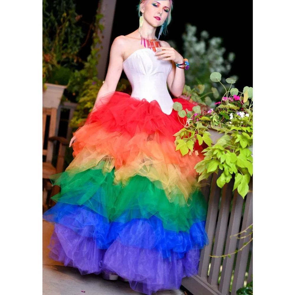 

Rainbow Tiers Tulle Tutu Skirt Hippie Style Colorful Mixed Color Maxi Skirts Floor Length Layered Super Charming Prom Skirt