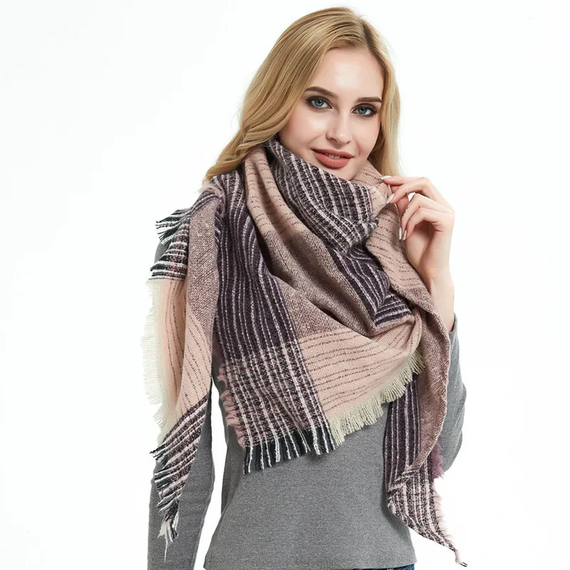 

Thick Warm Winter Triangle Women's Scarf Plaid Cashmere Knitted Scarves Female Shawls Wraps Blanket Ladies 2019 New Foulard