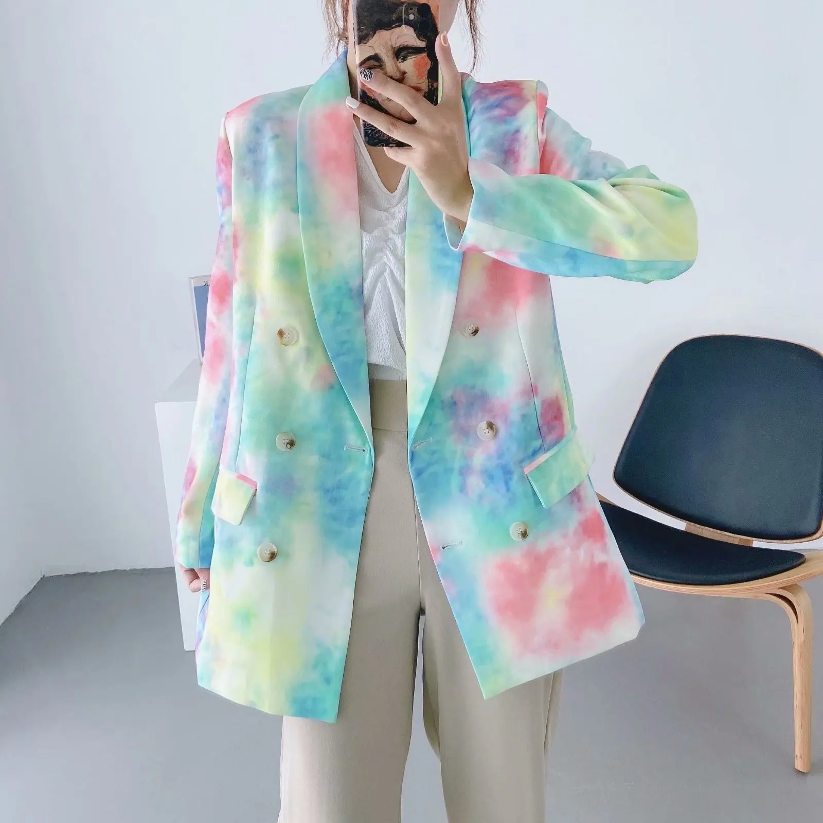 

Yeinchy 2020 fashion long sleeve Tie-dye double-breasted blazer jacket FM6294
