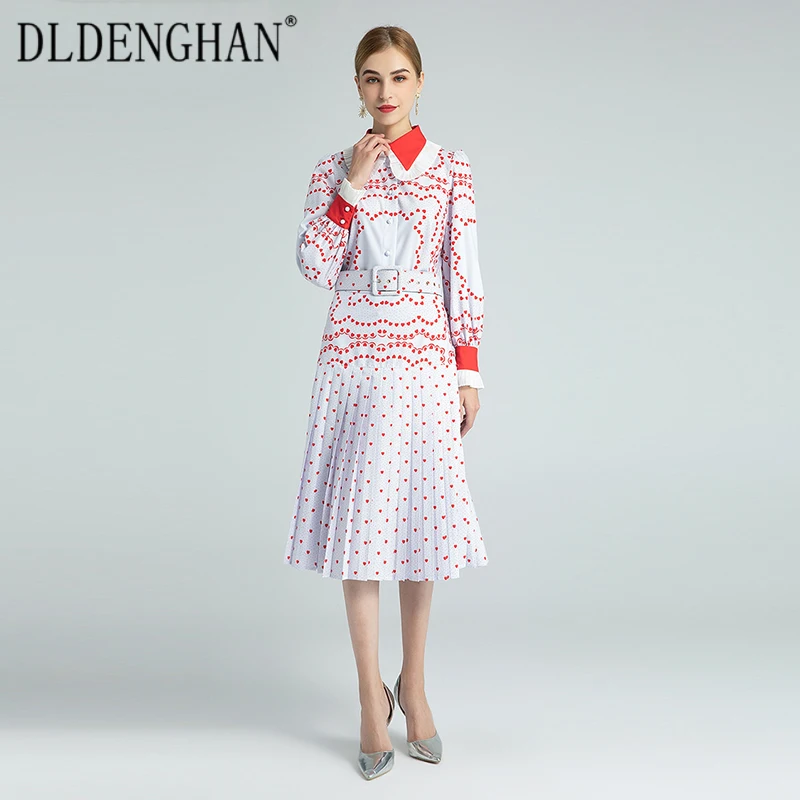 

DLDENGHAN Fashion Print Set Women's Long Sleeve Turn-Down Collar Blouses Tops + Sashes Pleated Skirt Two-Piece Sets Spring New