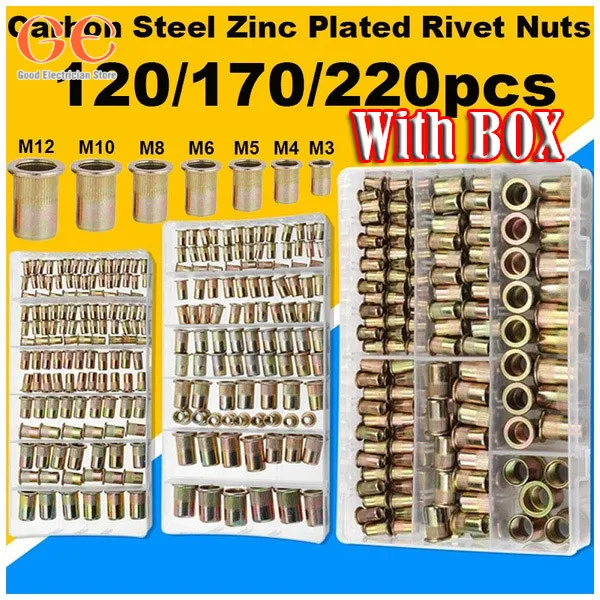 

120/170/220Pcs Metric M3+M4+M5+M6+M8+M10+M12 Carbon Steel Zinc Plated Rivet Nuts Flat Head Riveting Tool home improvement