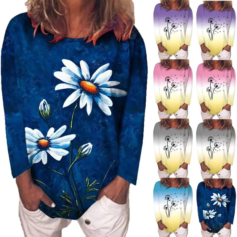 

2022 New Autumn and Spring Fashion Tops T-shirt Print Floral O-neck Long Sleeve T-shirt Casual Office Lady Loose T-shirt 18486