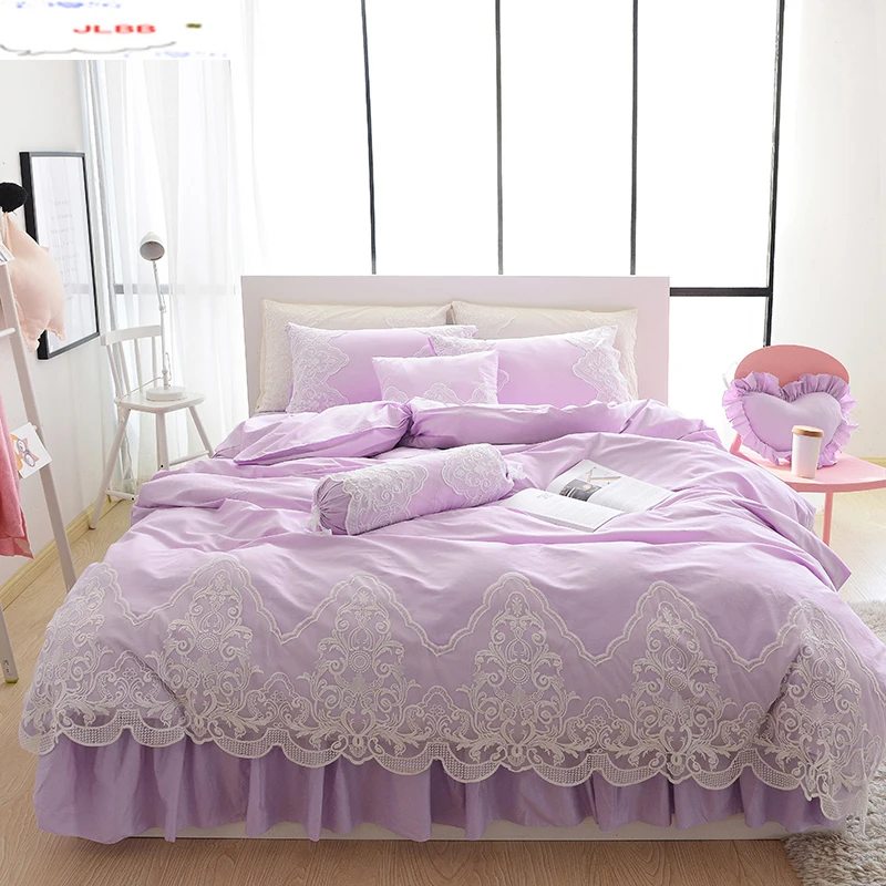 

Purple Jacquard Duvet Cover Set Princess Lace Bedding Sets Luxury 4pcs Girls Wedding Bedspreads Bed Skirt Cotton Home Textile