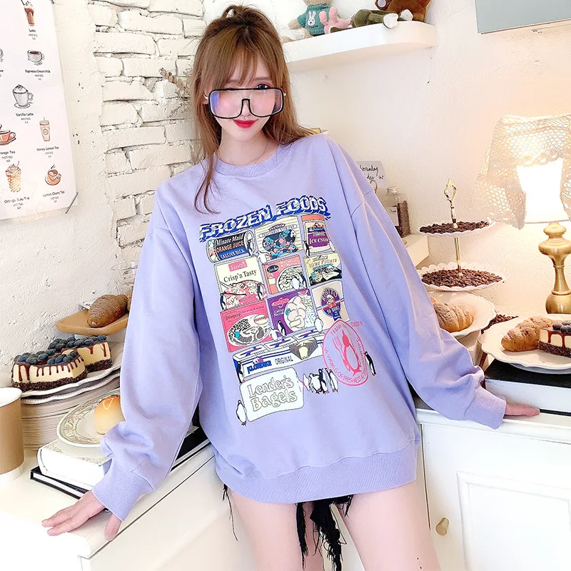 

Vintage Cartoon Pattern Brand Quality Cotton Oversized Sweatshirt Women BL Girls Pullovers 2020 Autumn New Solid Plus Size Tops
