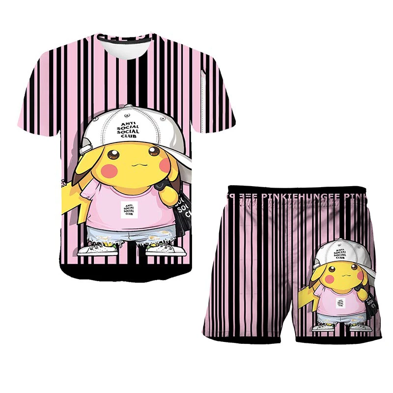 

2021 Casual Fashion 2-Piece Set Pikachu T-Shirt Suit Fun Prints For Boy Girls Short Sleeve Short 4-14T Baby Tops