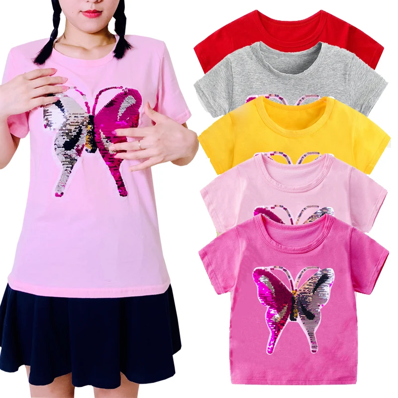 

2020 Reverse discoloration face flip double sequins butterfly children's t-shirts boy girl t shirt kids cartoon tshirts clothes