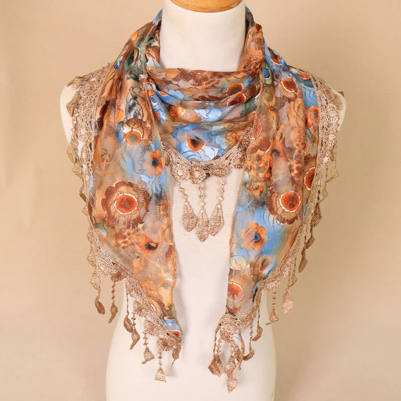 

Colorful Sheer Lace Floral Neck Scarf Tassel Triangle Scarf Grape Flower Embroidery Daisy Flower Carves Shawl Bufanda Headscarf