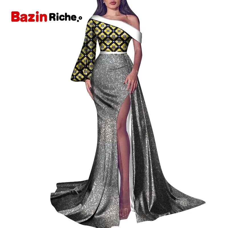 African Wedding Dress One Shoulder Gliter Mermaid Clothing Side Fork Sexy Lady Vestidos Wax Cotton Princess Party Gowns WY8332