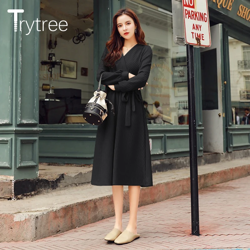 Осень-зима 2020 женское Повседневное платье Trytree трикотажное однотонное Модное