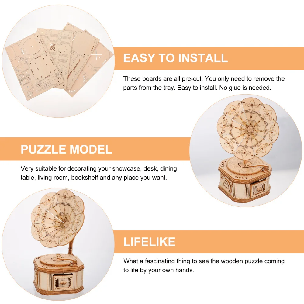 

1 Set 3D Wooden Puzzle Phonograph Assembly Kit Assembly Toys (Wood Color)