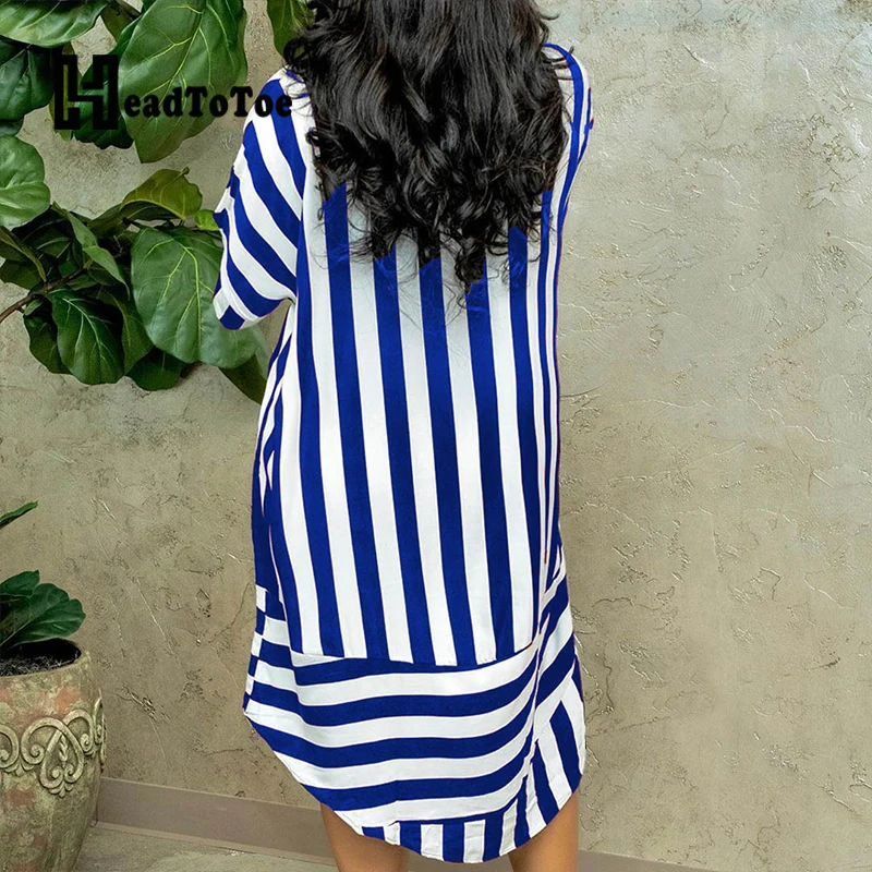 

Striped Print Button Casual Dresses for Women Full Sleeve Turn Down Collar Mid-calf Loose Dress Women