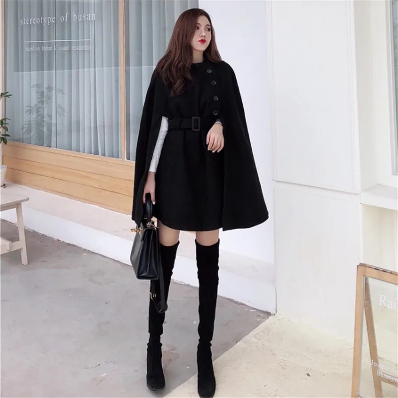 

Autumn Women Tunic Cloak 2020 New Korean Style Belt Wool Coat Chic Woolen Ponchos Loose Mid-length Shawl Elegant Black Cape