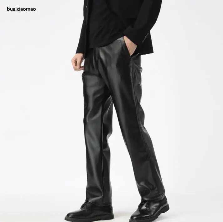 

Middle-aged Faux Leather Pants Mens Feet Pants Thin Motorcycle Pu Trousers For Men Loose Personality Fashion Pantalon Homme